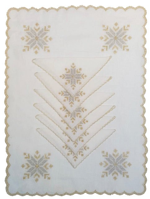 Set à thé brodé avec 6 serviettes- LIN POINT DE CROIX OR ET ARGENT