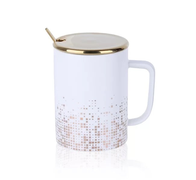 MUG AVEC COUVERCLE- WHITE AND GOLD -AVEC CUILLERE DORÉE