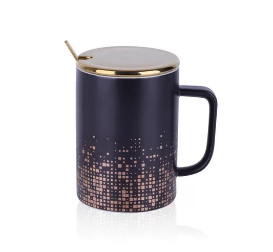 MUG AVEC COUVERCLE- BLACK AND GOLD -AVEC CUILLERE DORÉE